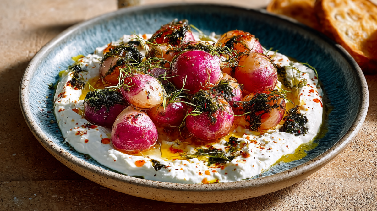 Gebratene Radieschen mit Tofucreme auf einem blauen Teller. Garniert mit Dill.