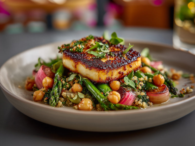 Gebratener Rhabarber mit Halloumi auf einem grauen Teller. Das Gericht ist mit grünem Spargel, Couscous und Kichererbsen zubereitet. Im Hintergrund steht ein Glas.
