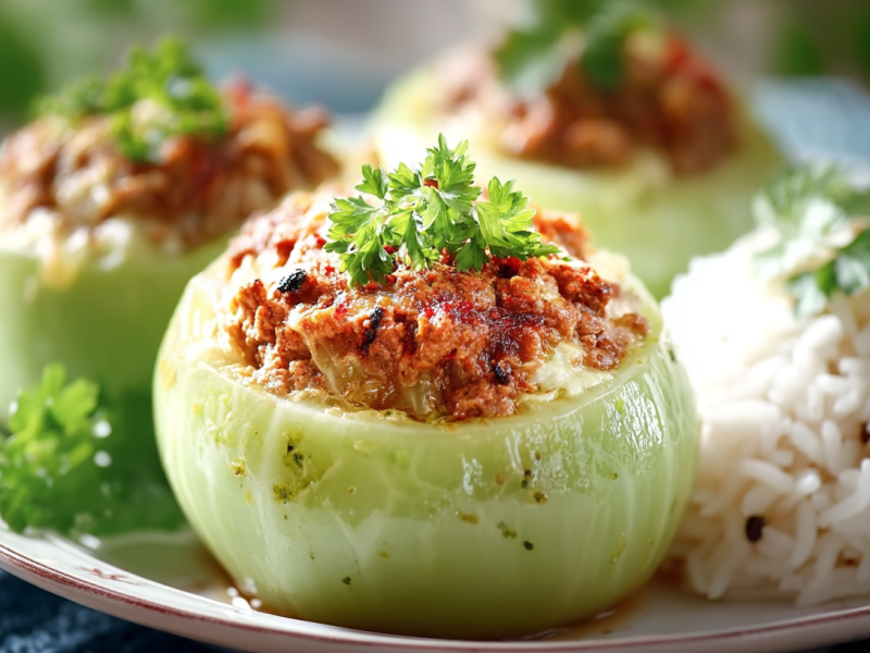 Zwei gefüllte Kohlrabi mit Hack und Reis serviert.