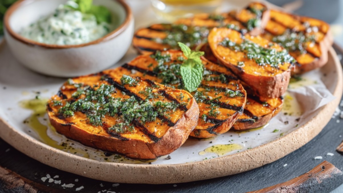 Gegrillte Süßkartoffeln mit Minz-Dip und Joghurt auf einem Teller.