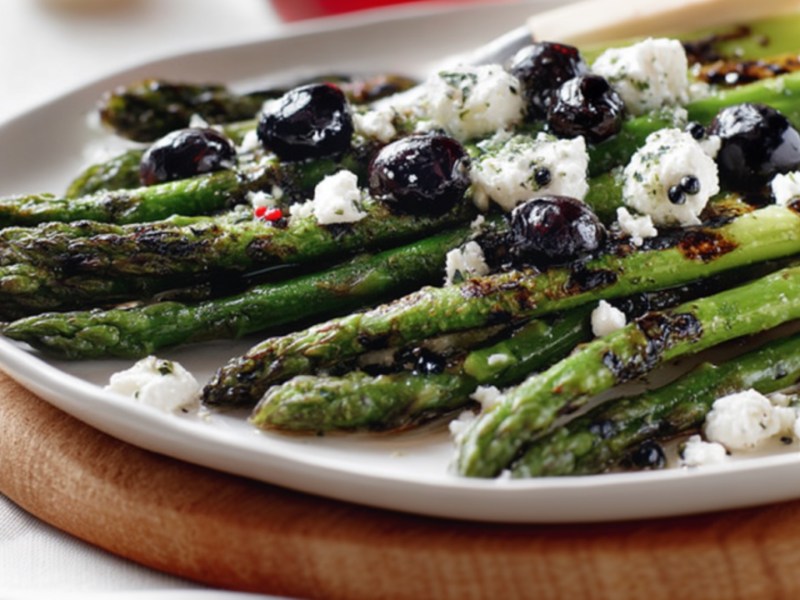 Gegrillter Spargel mit Ziegenkäse und Oliven auf einem Teller.