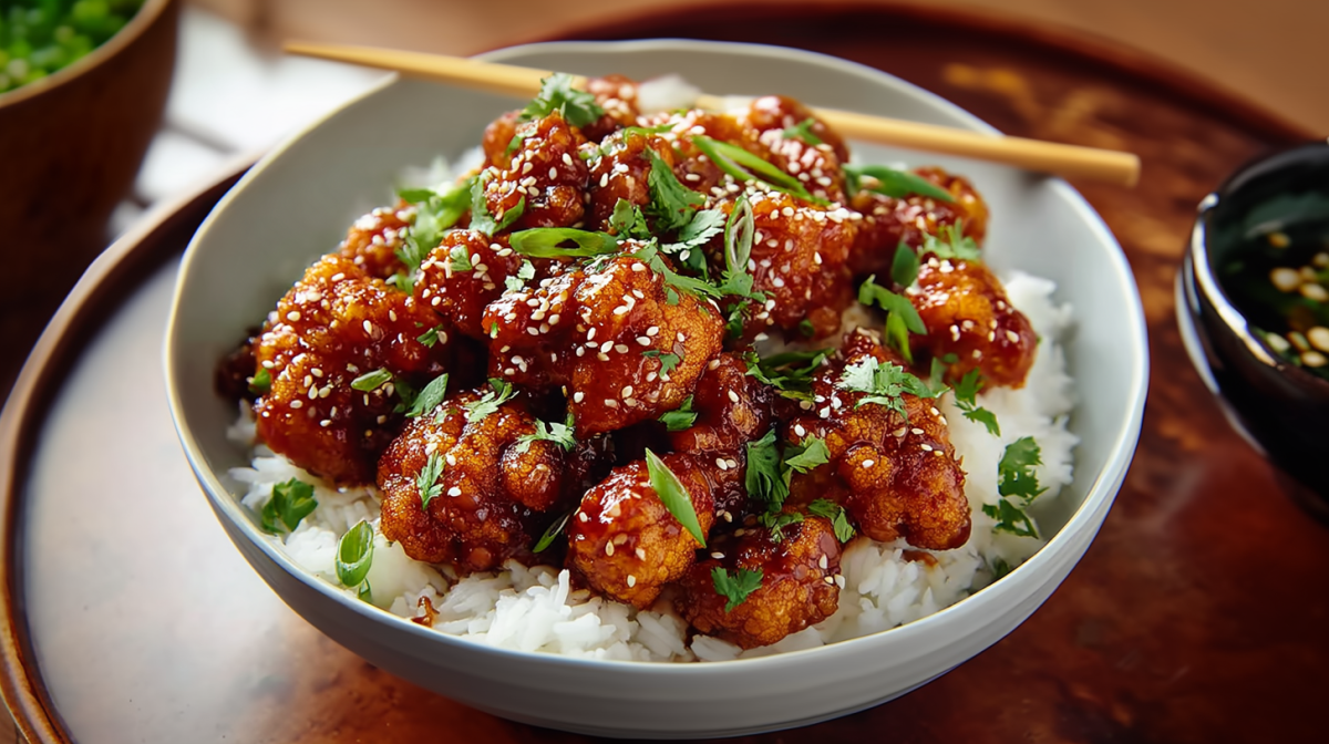 Eine Schale mit General Tso's Blumenkohl auf einem dunklen Holzuntersetzer. Er ist auf Reis angerichtet. Daneben steht eine Schale mit Sojasoße.
