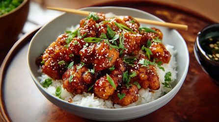 Eine Schale mit General Tso's Blumenkohl auf einem dunklen Holzuntersetzer. Er ist auf Reis angerichtet. Daneben steht eine Schale mit Sojasoße.