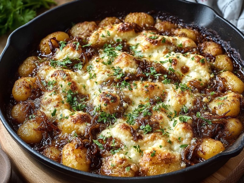 Gnocchi-Pfanne mit karamellisierten Zwiebeln auf einem Tisch