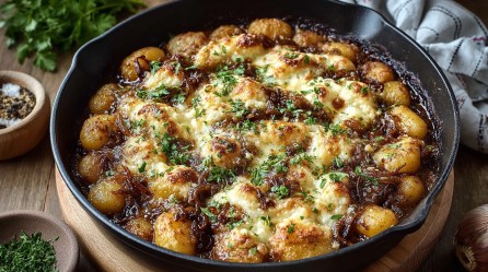 Gnocchi-Pfanne mit karamellisierten Zwiebeln auf einem Tisch