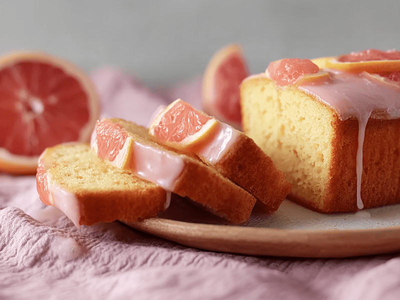 Ein aufgeschnittener Grapefruit-Joghurt-Kuchen aus der Kastenform, der eine rosafarbene Glasur hat und mit einigen Grapefruitscheiben garniert ist. Der Kuchen liegt auf einem Teller, der auf einem rosafarbenen Tuch steht. Im Hintergrund kann man ganze und aufgeschnittene Grapefruits erkennen.