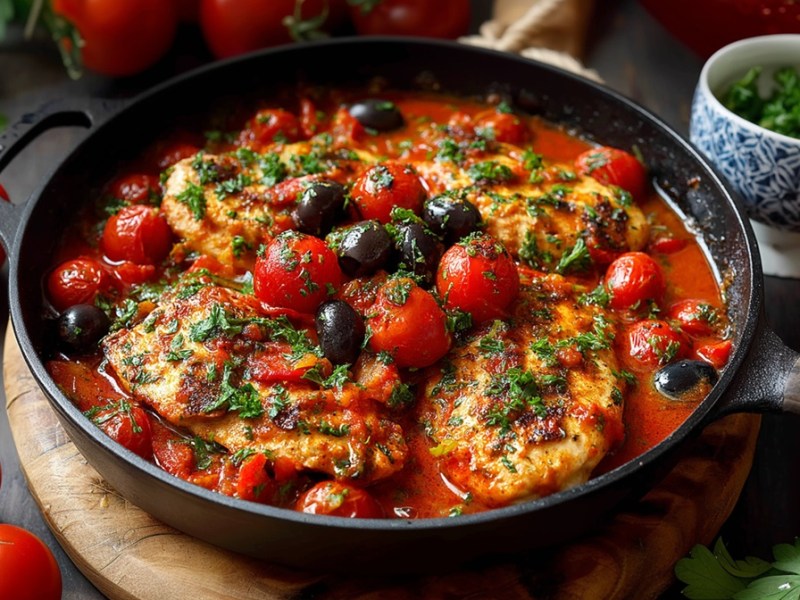 Griechische Hähnchenpfanne auf einem Tisch