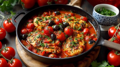 Griechische Hähnchenpfanne auf einem Tisch