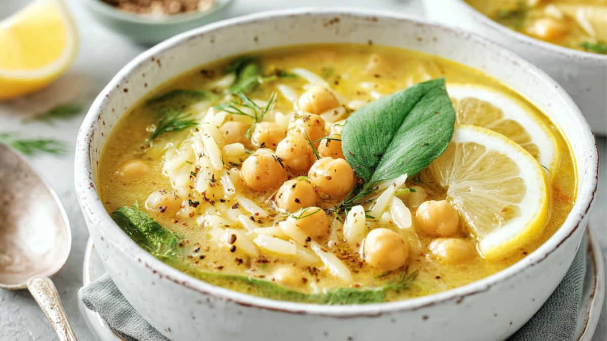 Eine Schüssel griechische Zitronensuppe mit Orzo und Kichererbsen.