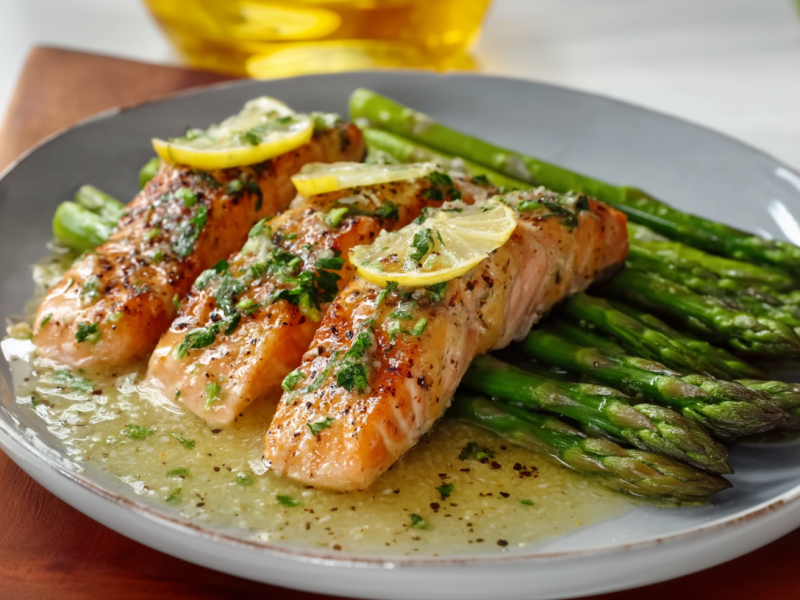 Grüner Spargel mit Zitronensoße und Lachs auf einem grauen Teller. Im Hintergrund sieht man eine Flasche Öl. Rechts liegt weiterer grüner Spargel.