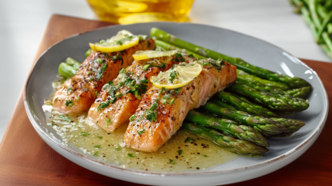Grüner Spargel mit Zitronensoße und Lachs auf einem grauen Teller. Im Hintergrund sieht man eine Flasche Öl. Rechts liegt weiterer grüner Spargel.