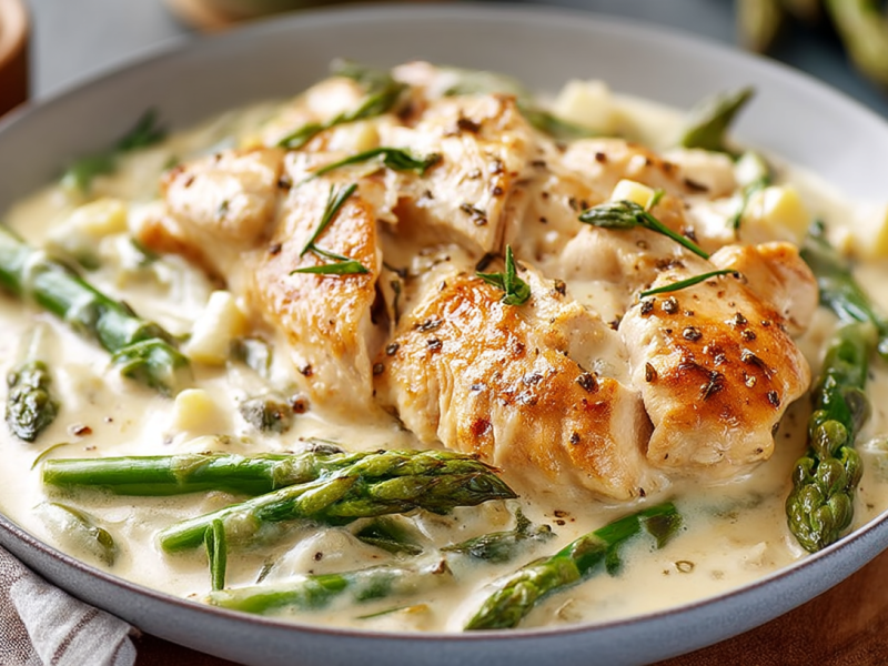 Ein tiefer Teller mit Hähnchen mit Spargelsoße.