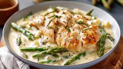 Ein tiefer Teller mit Hähnchen mit Spargelsoße.