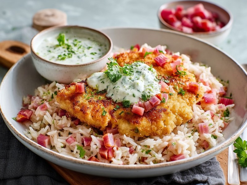 Ein Teller mit Hähnchenschnitzel und Rhabarberreis. Das Schnitzel ist mit Joghurt-Dip garniert. Auf dem Teller steht noch ein Schälchen mit Joghurt-Dip. Der Teller steht auf einem Holzbrett, bedeckt mit einem grauen Küchentuch. Im Hintergrund steht eine Schale mit Rhabarberstücken-