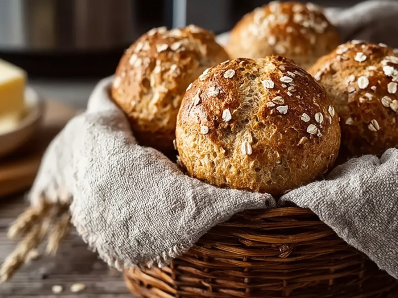 Korb mit Haferflocken-Quark-Brötchen aus dem Airfryer, Butter daneben