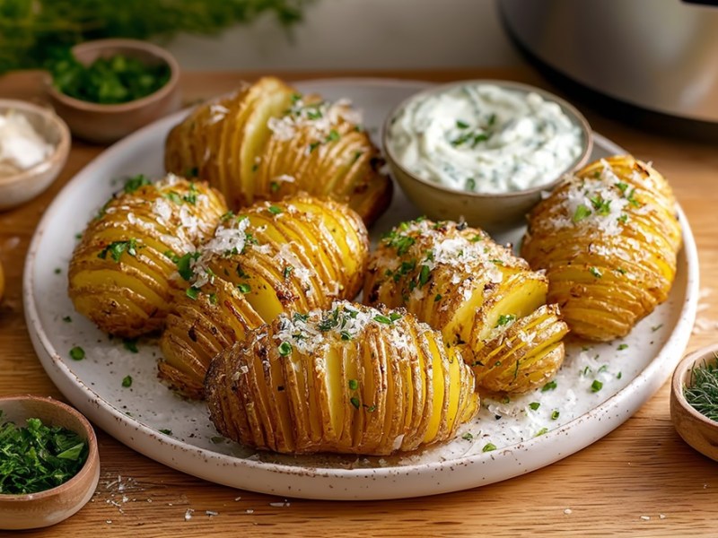 Teller mit Hasselback-Kartoffeln aus dem Airfryer, Gewürze und Dip daneben