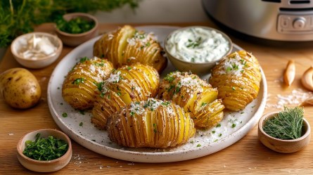 Teller mit Hasselback-Kartoffeln aus dem Airfryer, Gewürze und Dip daneben