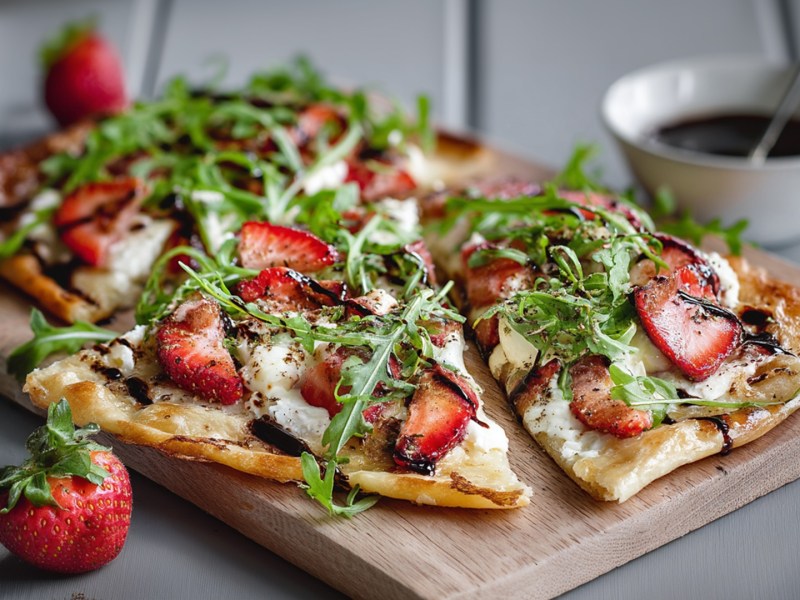 Ein Holzbrett, dass auf einer grauen Oberfläche steht und auf dem ein herzhafter Erdbeer-Flammkuchen mit Rucola und Ziegenkäse liegt. Außerdem liegen frische Erdbeeren herum und man kann eine Schale mit Balsamico sehen.