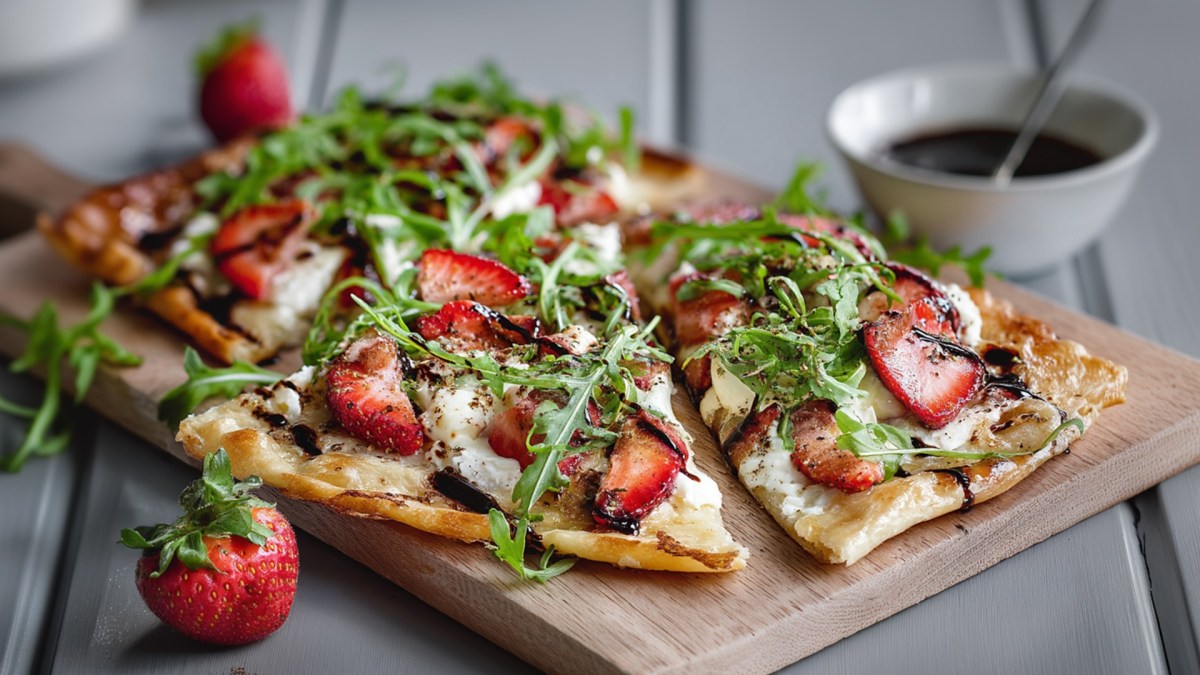 Ein Holzbrett, dass auf einer grauen Oberfläche steht und auf dem ein herzhafter Erdbeer-Flammkuchen mit Rucola und Ziegenkäse liegt. Außerdem liegen frische Erdbeeren herum und man kann eine Schale mit Balsamico sehen.