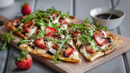 Ein Holzbrett, dass auf einer grauen Oberfläche steht und auf dem ein herzhafter Erdbeer-Flammkuchen mit Rucola und Ziegenkäse liegt. Außerdem liegen frische Erdbeeren herum und man kann eine Schale mit Balsamico sehen.
