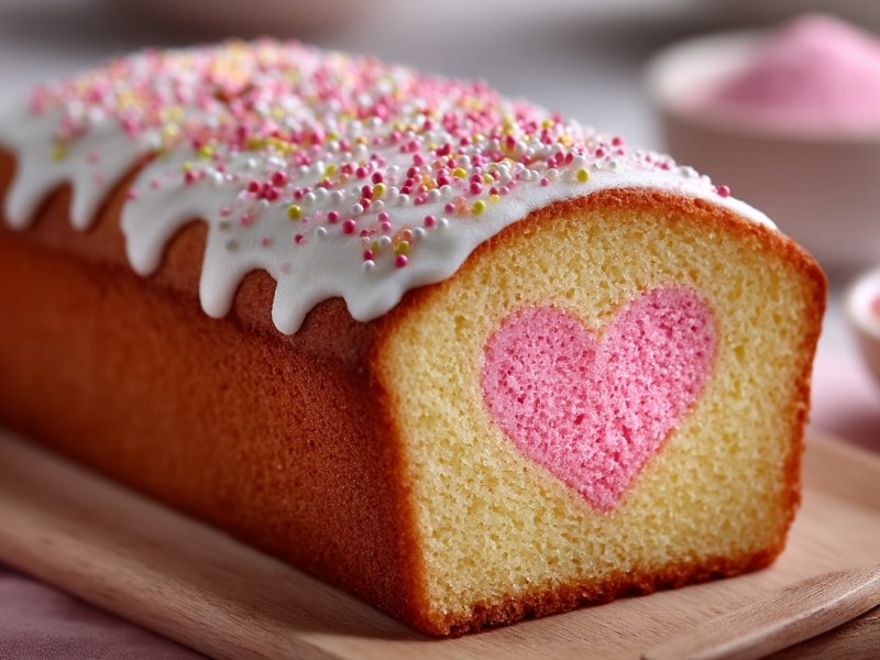 Angeschnittener Herz-Kastenkuchen mit Zuckerguss und Zuckerstreuseln auf einem Brett.