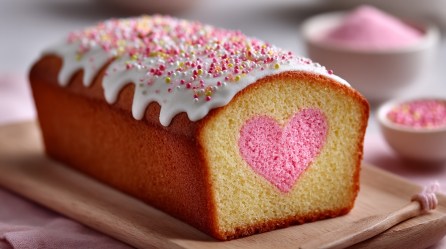Angeschnittener Herz-Kastenkuchen mit Zuckerguss und Zuckerstreuseln auf einem Brett.