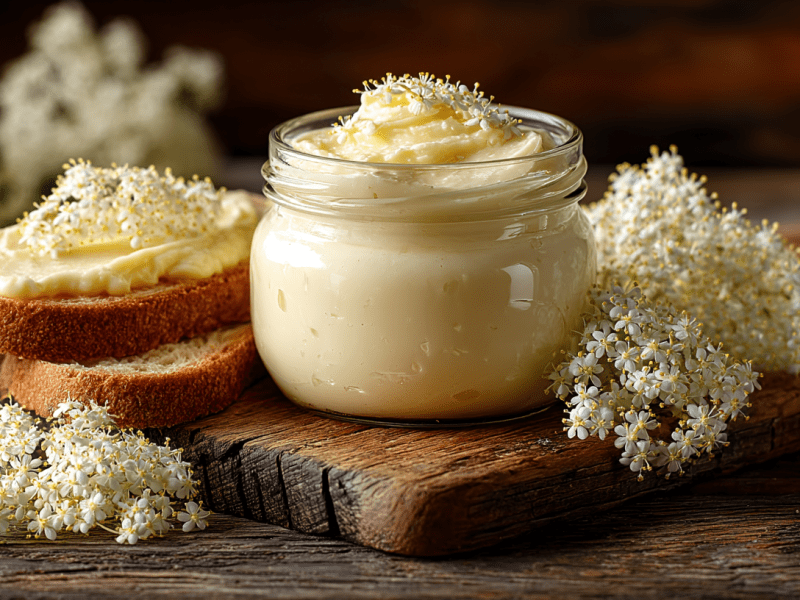 Ein Glas Holunderblüten-Aufstrich auf einem Holzbrett, daneben liegen Holunderblütendolden und einige Scheiben Brot.