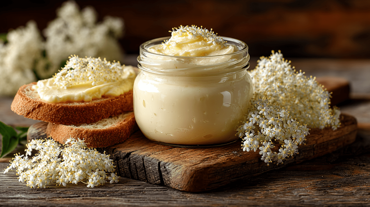Ein Glas Holunderblüten-Aufstrich auf einem Holzbrett, daneben liegen Holunderblütendolden und einige Scheiben Brot.