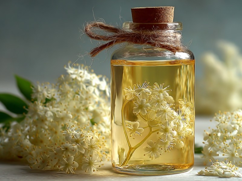 Eine Flasche Holunderblüten-Öl. Drumherum liegen frische Holunderblüten.