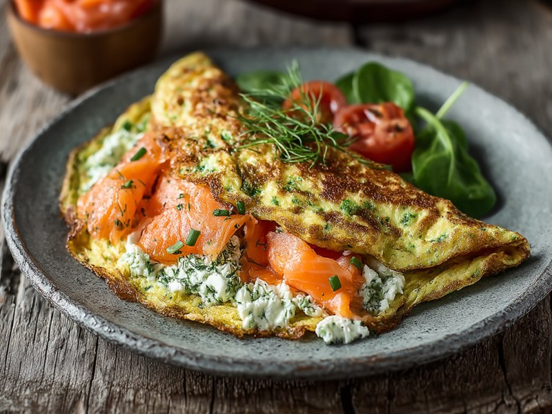 Ein Teller mit einem Hüttenkäse-Lachs-Omelette, das mit Schnittlauch und Dill garniert ist. Auf dem Teller liegt noch Tomate und Spinat. Der Teller steht auf einer Holzoberfläche. Im Hintergrund kann man eine kleine Holzschüssel mit Lachs erkennen.
