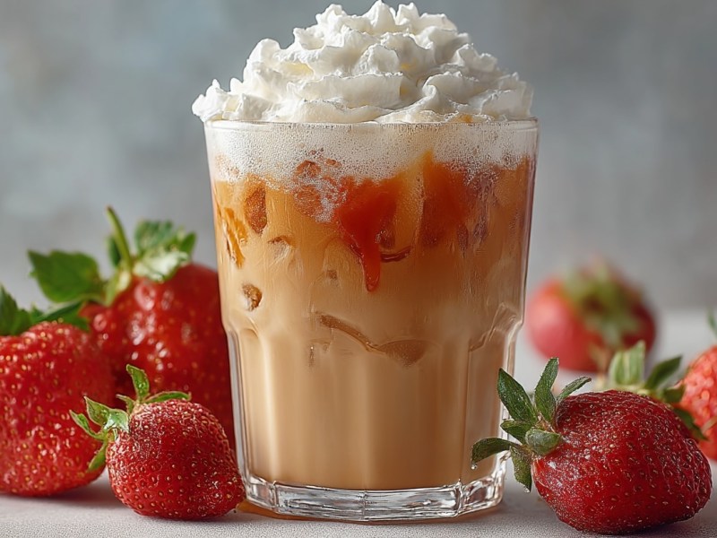 Ein Glas Iced Strawberry Latte mit Schlagsahne, daneben ein paar frische Erdbeeren.