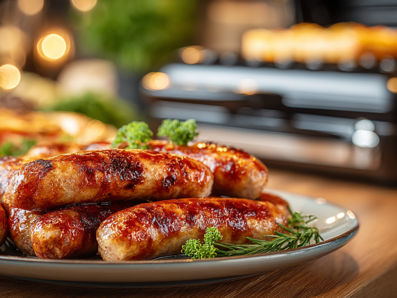 Indoor-Grillen mit dem Tefal OptiGrill: ein Teller gegrillte Wurst mit einem Kontaktgrill im Hintergrund.