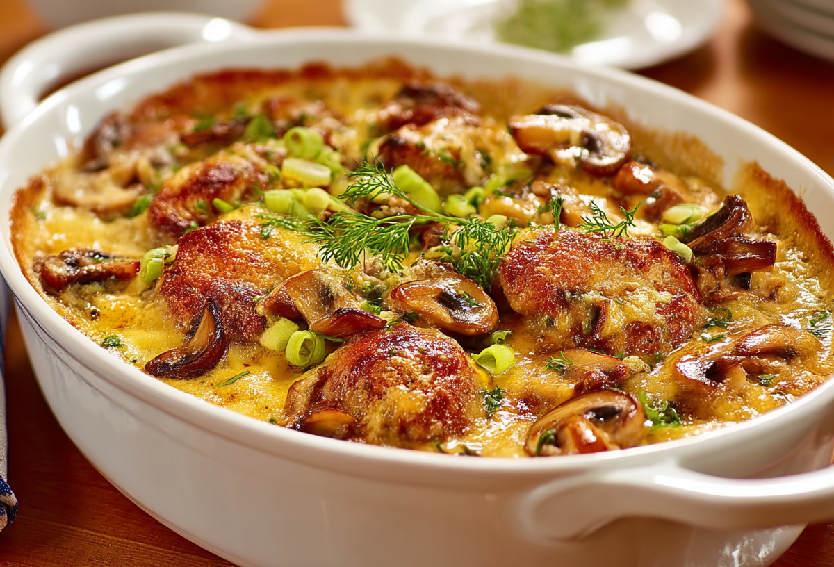 Auflaufform mit Jägerschnitzel-Auflauf.