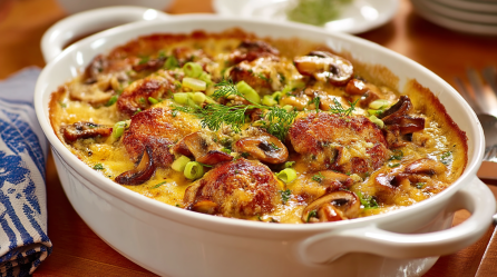 Auflaufform mit Jägerschnitzel-Auflauf.