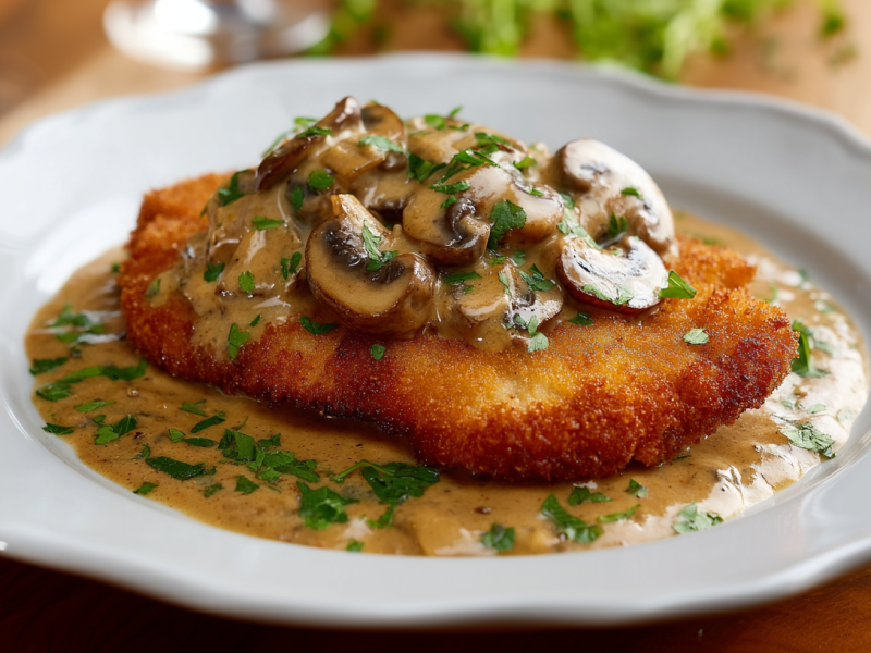 Ein Jägerschnitzel liegt auf einem weißen Teller auf einem Holztisch. Es ist mit brauner Soße und Champignons bedeckt. Im Hintergrund sieht man Gläser und einige frische Kräuter.