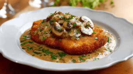 Ein Jägerschnitzel liegt auf einem weißen Teller auf einem Holztisch. Es ist mit brauner Soße und Champignons bedeckt. Im Hintergrund sieht man Gläser und einige frische Kräuter.