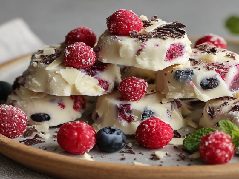 Joghurt-Bites mit Beeren und Schokolade auf einem Holzteller. Nahaufnahme.