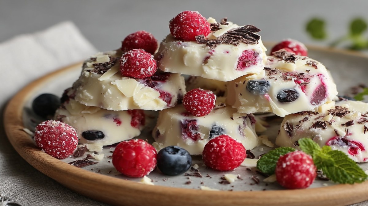 Joghurt-Bites mit Beeren und Schokolade auf einem Holzteller. Nahaufnahme.