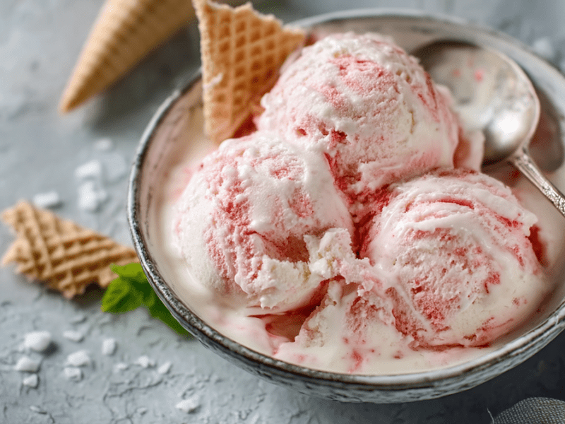 Eine Schüssel mit drei Kugeln Joghurt-Rhabarber-Eis. Außerdem steckt eine Waffel im Eis und Eiswaffeln liegen neben der Schüssel. In der Schüssel ist auch Löffel.