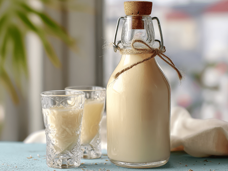 Eine Flasche mit Käsekuchenlikör und zwei Gläsern daneben. Im Hintergrund sieht man eine Pflanze.