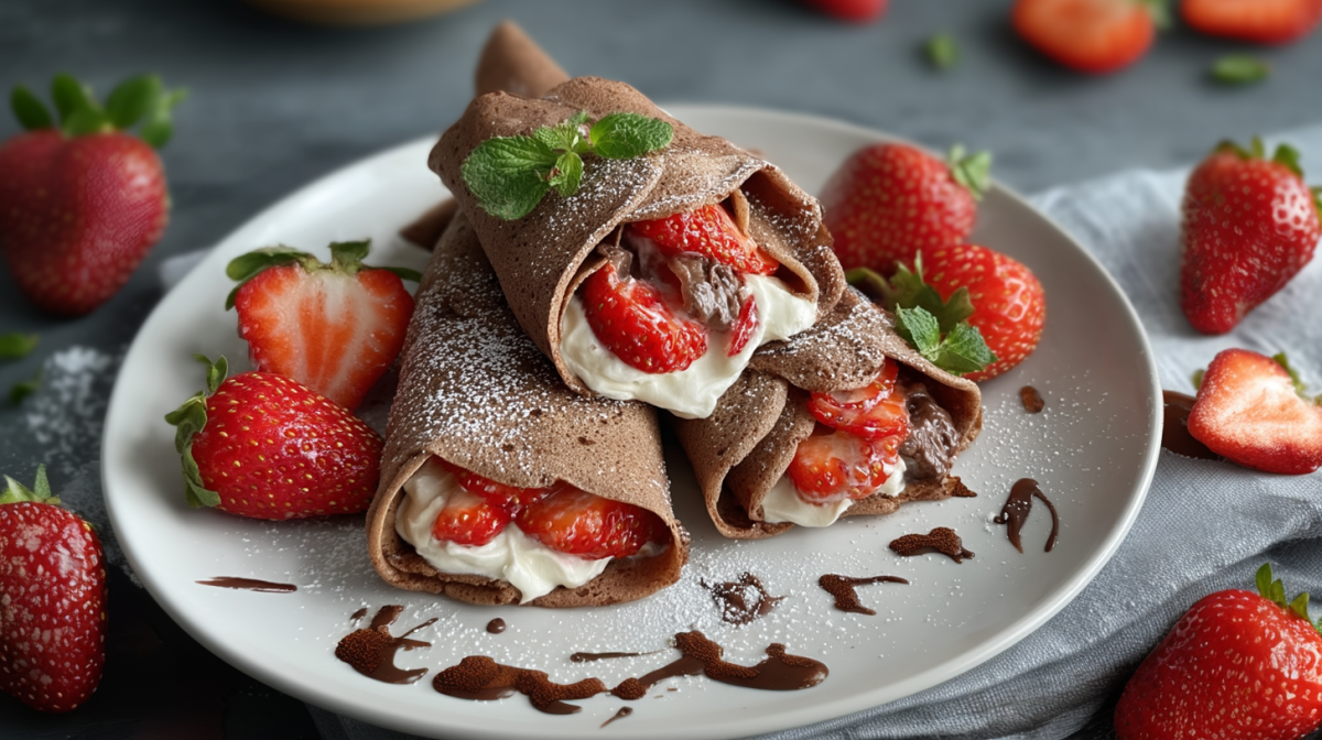 Drei Kakao-Burritos mit Erdbeeren liegen auf einem weißen Teller. Um sie herum sind einige Erdbeeren sowie etwas Schokosoße verteilt.