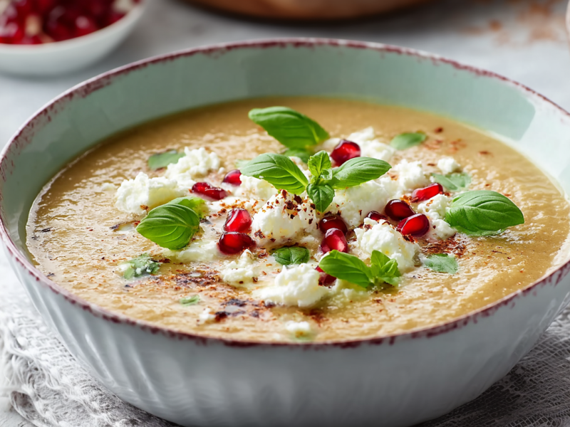Eine Schale mit kalter Auberginen-Feta-Suppe auf einer grauen Küchendecke. Die Suppe ist mit Basilikumblättern, Feta und Granatapfelkernen garniert. Im Hintergrund sieht man ein Schälchen mit weiteren Granatapfelkernen.