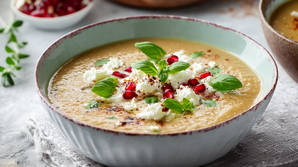Eine Schale mit kalter Auberginen-Feta-Suppe auf einer grauen Küchendecke. Die Suppe ist mit Basilikumblättern, Feta und Granatapfelkernen garniert. Im Hintergrund sieht man ein Schälchen mit weiteren Granatapfelkernen.