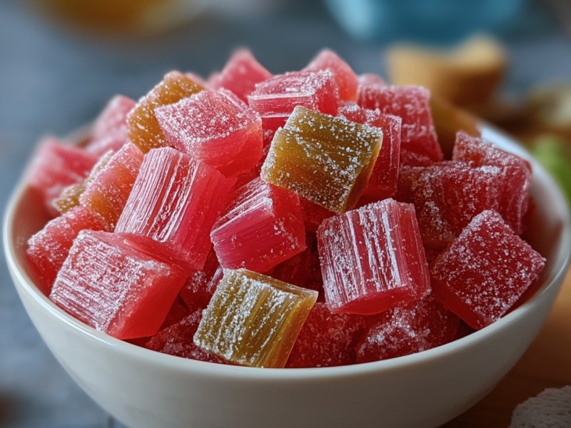 Eine Schale mit kandiertem Rhabarber.