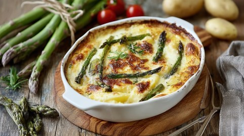 Kartoffel-Auflauf mit grünem Spargel auf einem Tisch, Zutaten daneben