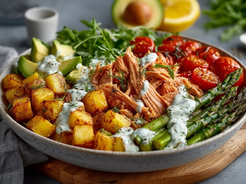 Eine Kartoffel-Spargel-Bowl mit Lachs, Tomaten, Avocado und Rucola, die auf einem runden Holzbrett steht. Im Hintergrund kann eine halbe Zitrone und eine halbierte Avocado erkennen, sowie Rucola.