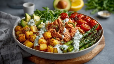 Eine Kartoffel-Spargel-Bowl mit Lachs, Tomaten, Avocado und Rucola, die auf einem runden Holzbrett steht. Im Hintergrund kann eine halbe Zitrone und eine halbierte Avocado erkennen, sowie Rucola.