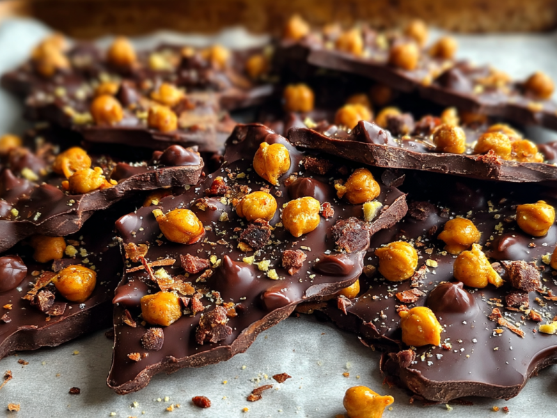 Kichererbsen-Schokolade, in Stücke gebrochen.