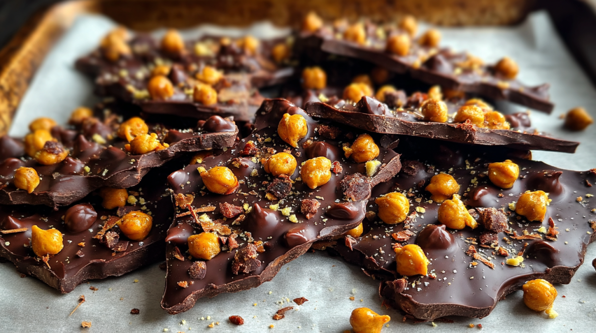 Kichererbsen-Schokolade, in Stücke gebrochen.