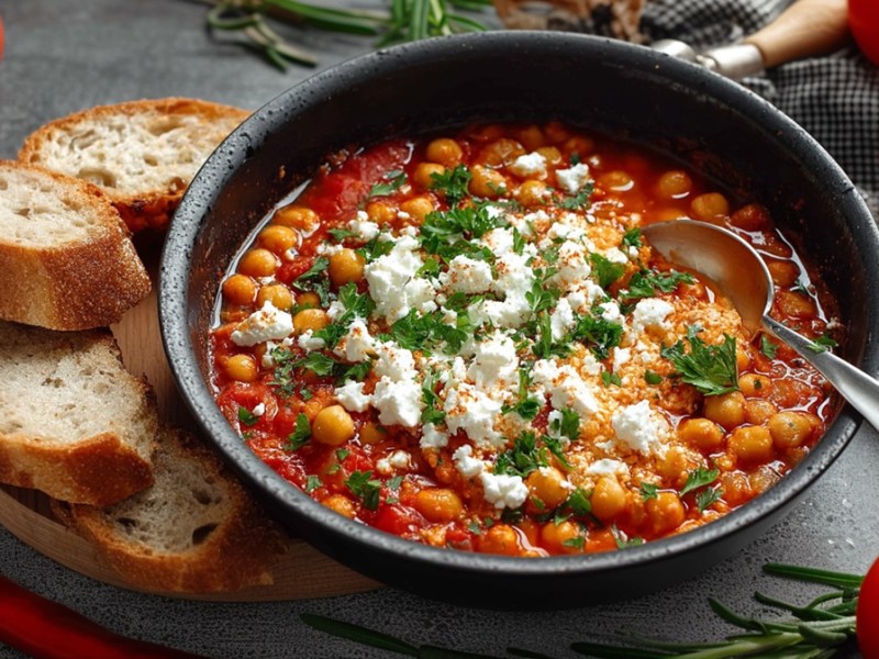 Pfanne mit Kichererbsen-Feta-Shakshuka, Brotscheiben daneben